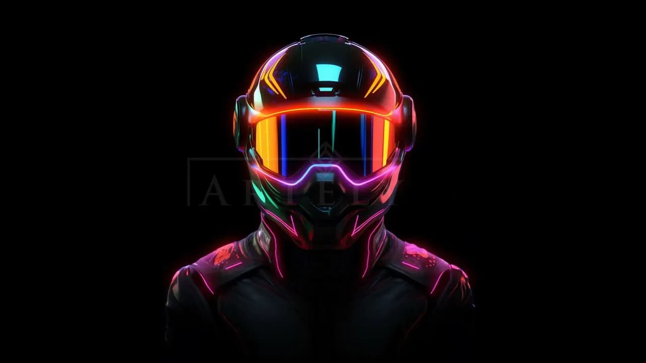 Neon Futuristic Biker Helmet Portrait metal wall art by Artelyx Studios