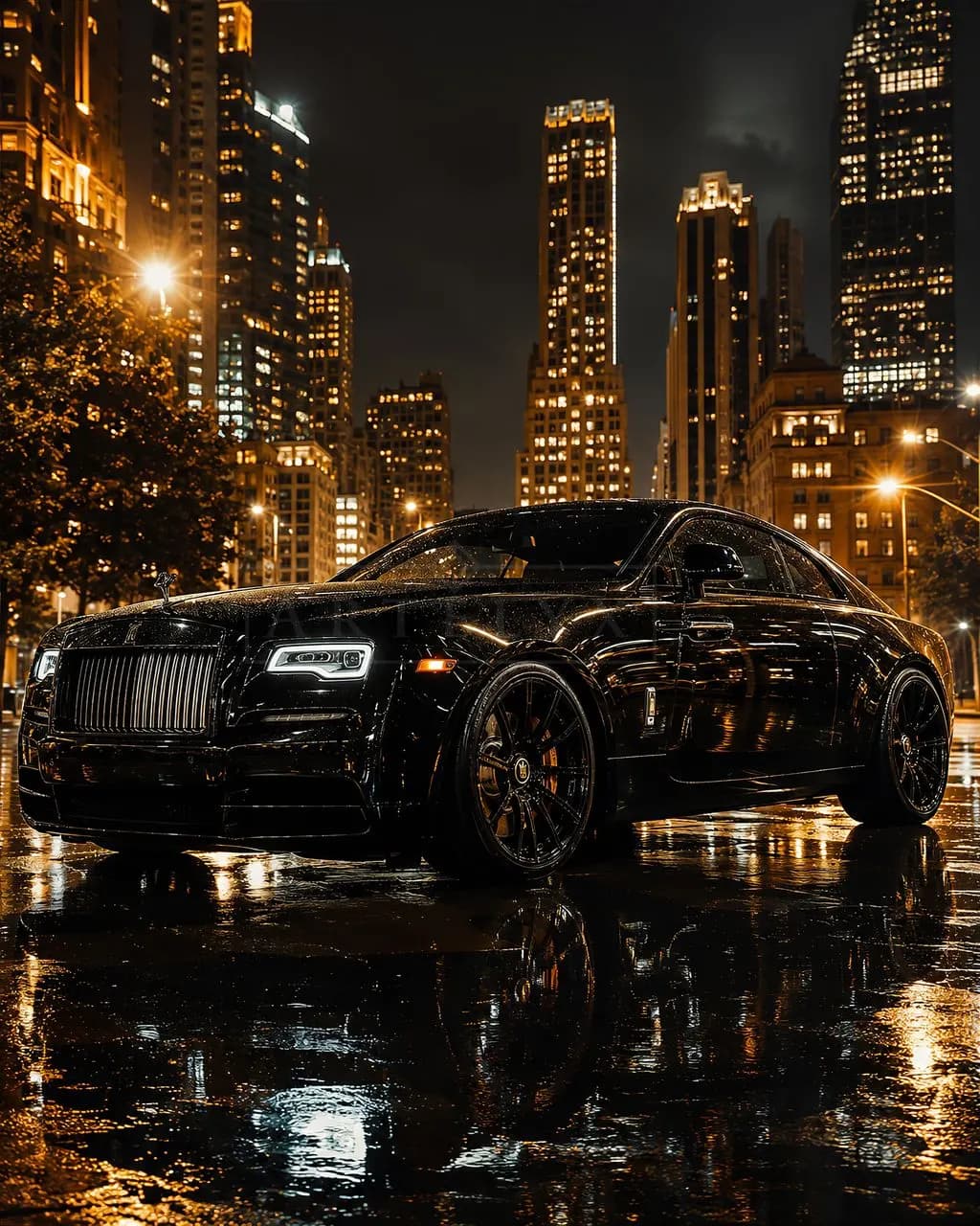 Black Luxury Coupe on Rainy City Street at Night metal wall art by Artelyx Studios