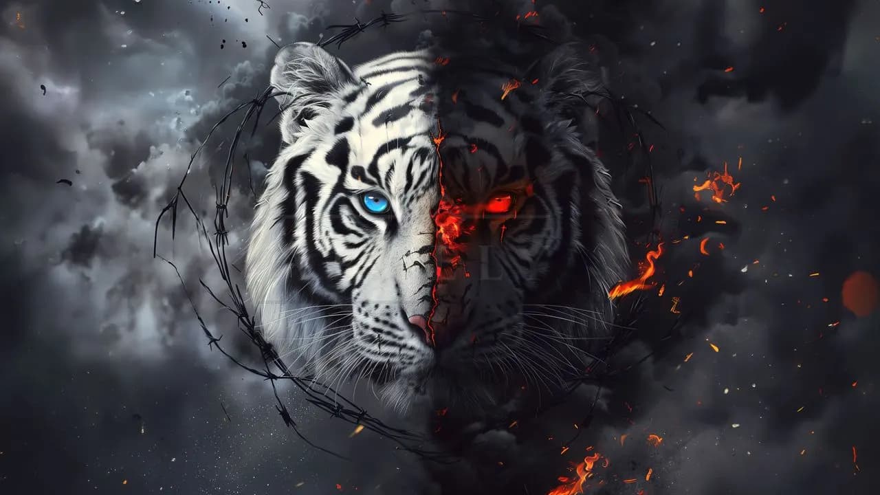 Split Fire and Ice Tiger metal wall art by Artelyx Studios