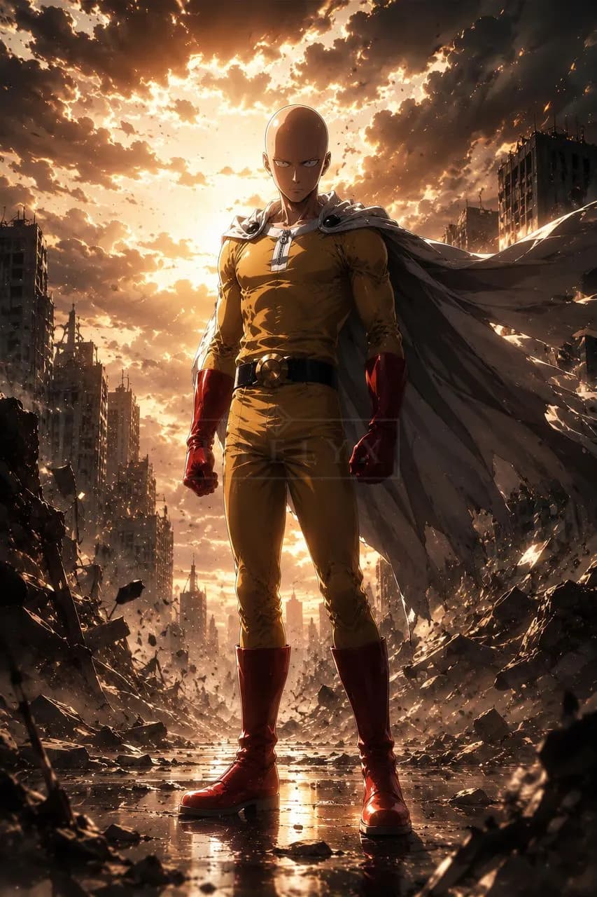Saitama in the Ruins metal wall art by Artelyx Studios