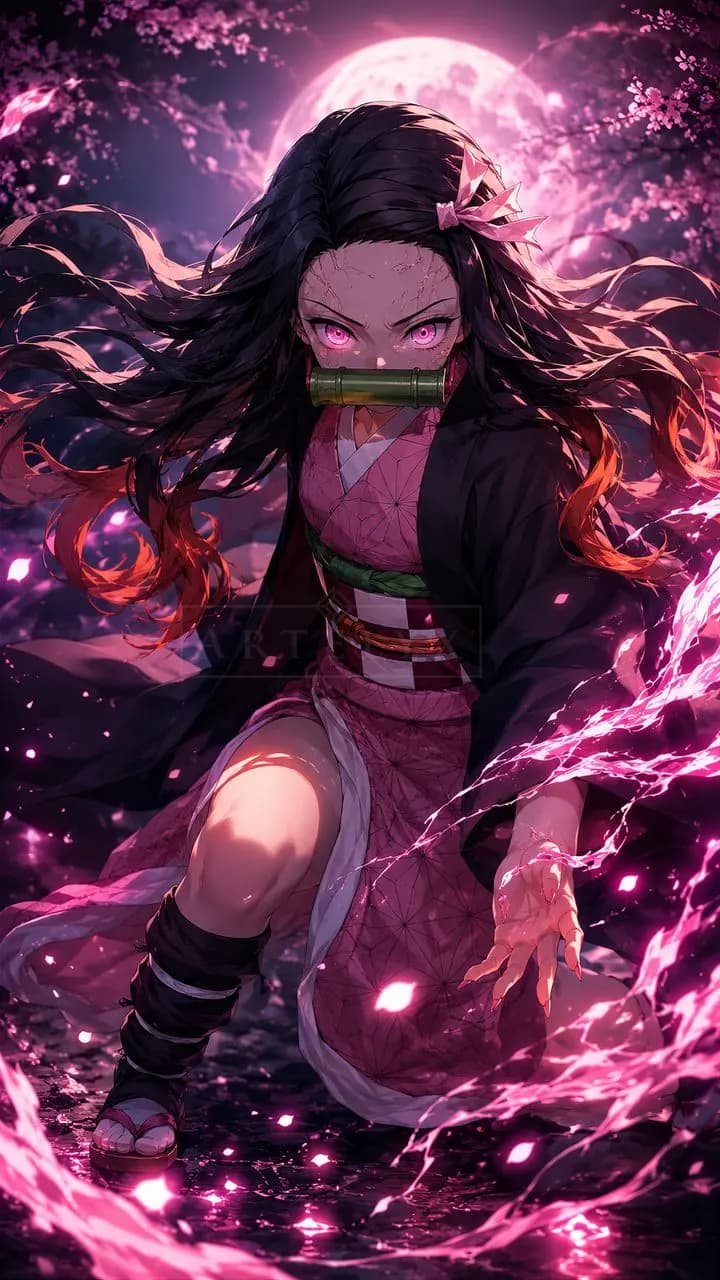 Nezuko Kamado Pink Moon Battle Pose metal wall art by Artelyx Studios