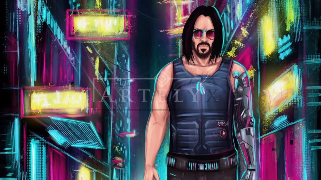 Neon Mercenary in the Electric Alley metal wall art by Artelyx Studios