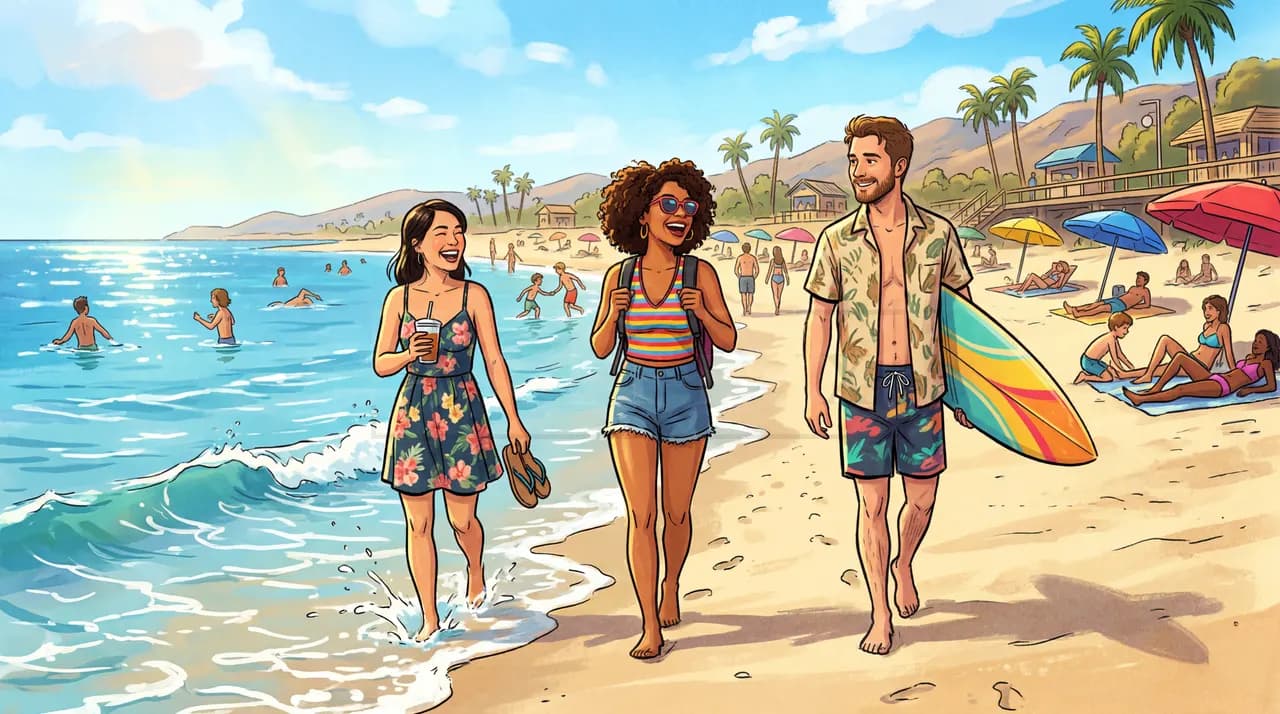 Sunny Beach Walk with Friends metal wall art by Artelyx Studios