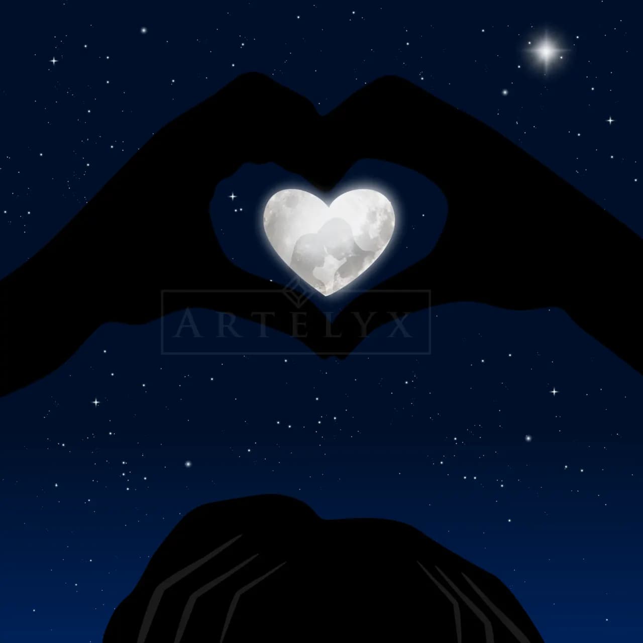 Hands Forming Heart Shape with Moon and Stars metal wall art by Artelyx Studios