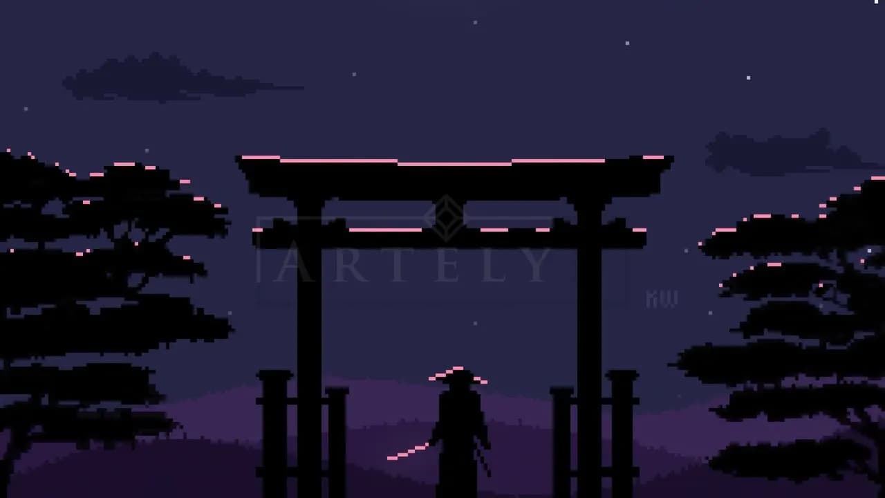 Pixel Samurai at Torii Gate metal wall art by Artelyx Studios