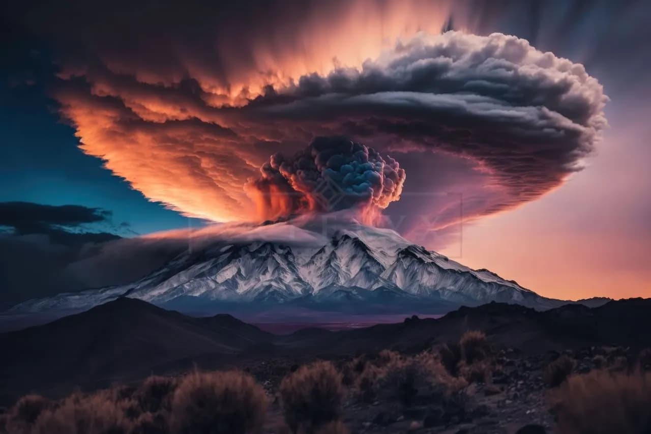 Volcano Eruption at Dusk metal wall art by Artelyx Studios