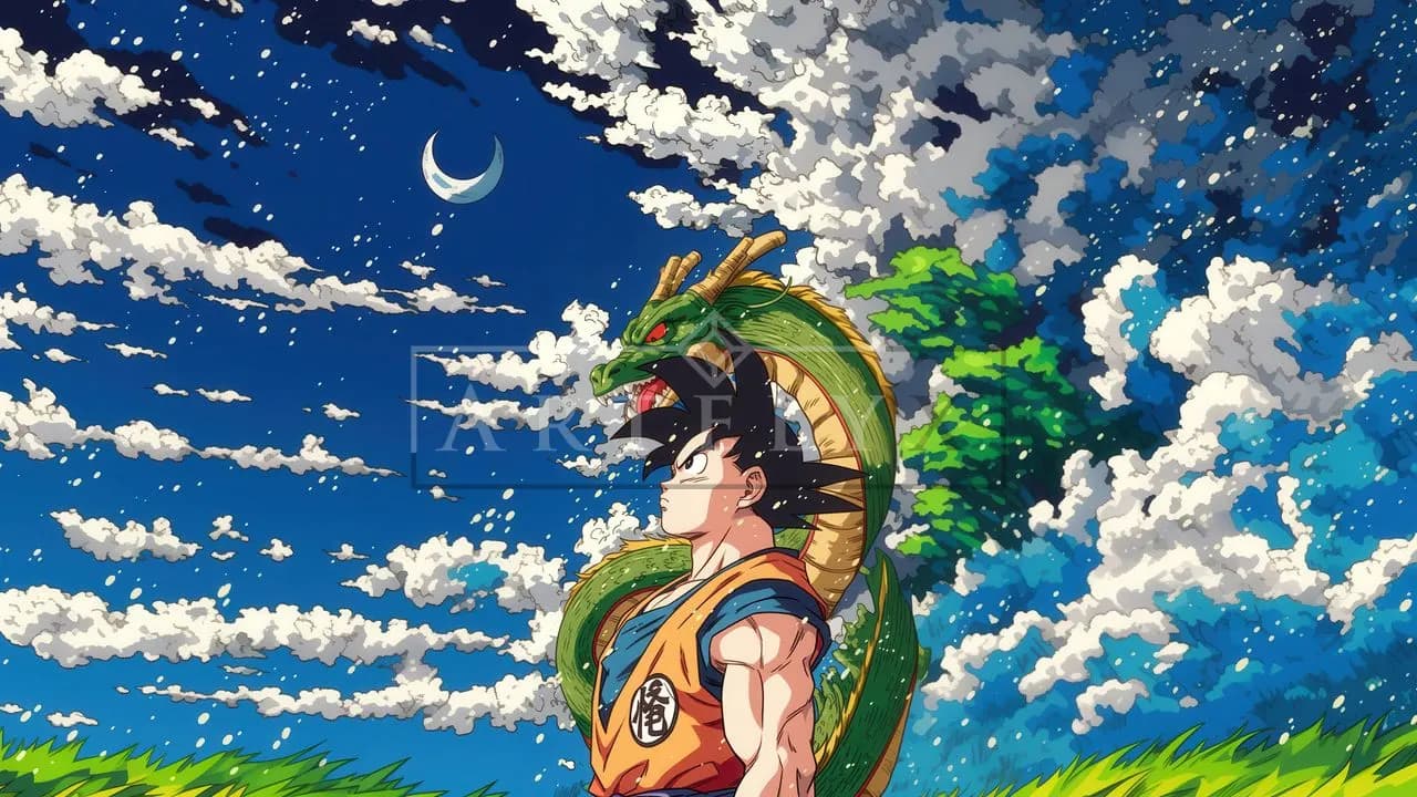 Goku and Shenron Under the Crescent Moon metal wall art by Artelyx Studios