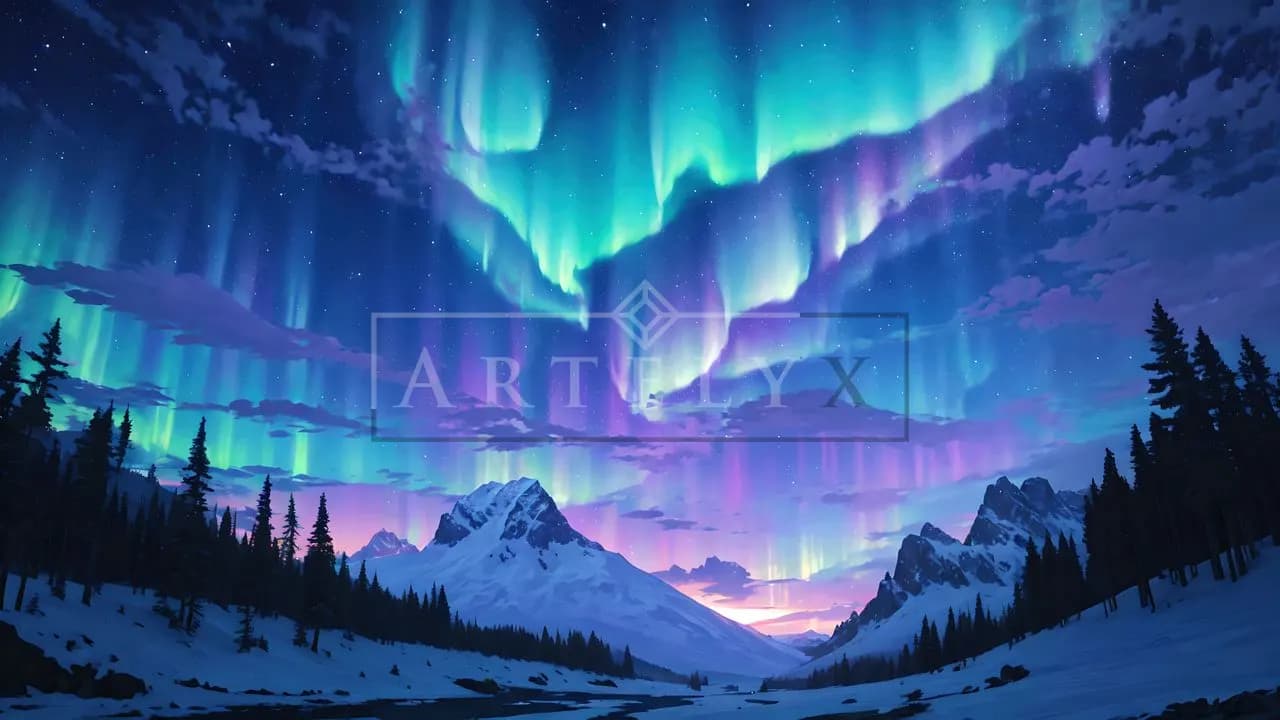 Northern Lights Over Snowy Mountains metal wall art by Artelyx Studios
