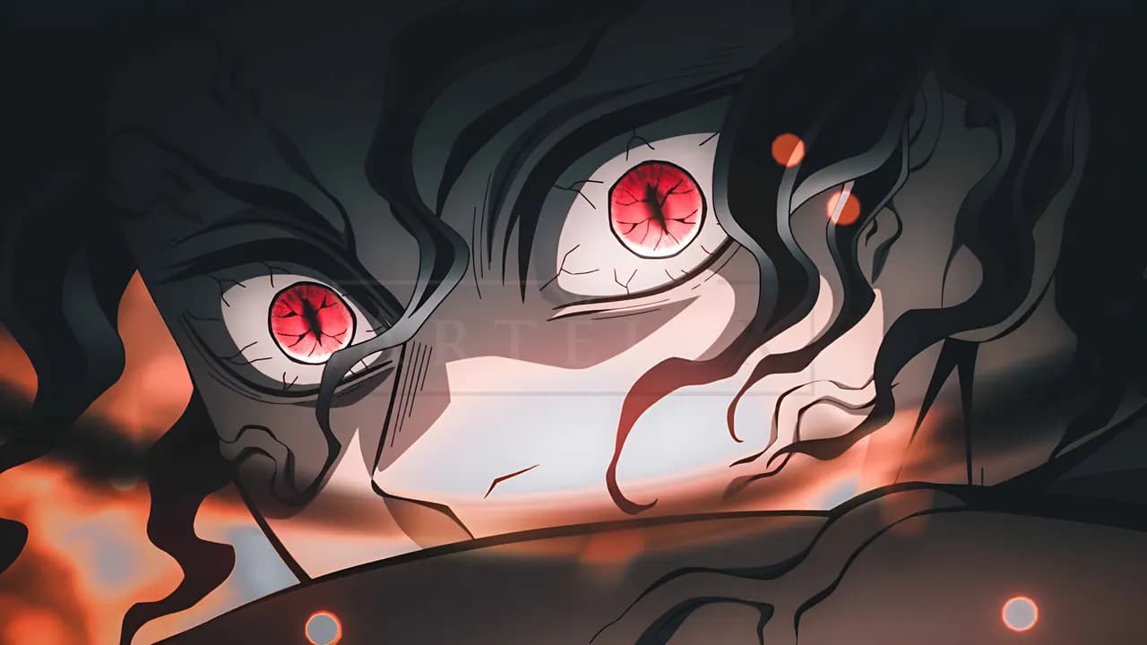 Muzan Kibutsuji Crimson Eyes Close-Up metal wall art by Artelyx Studios
