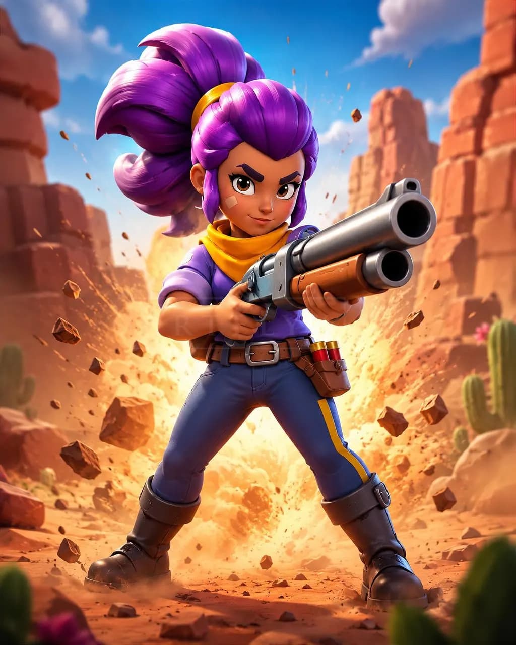Purple-Haired Game Heroine with Shotgun in Desert Canyon metal wall art by Artelyx Studios