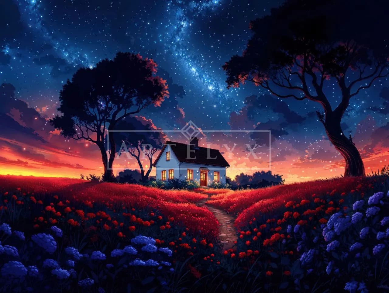 Starry Cottage Path metal wall art by Artelyx Studios