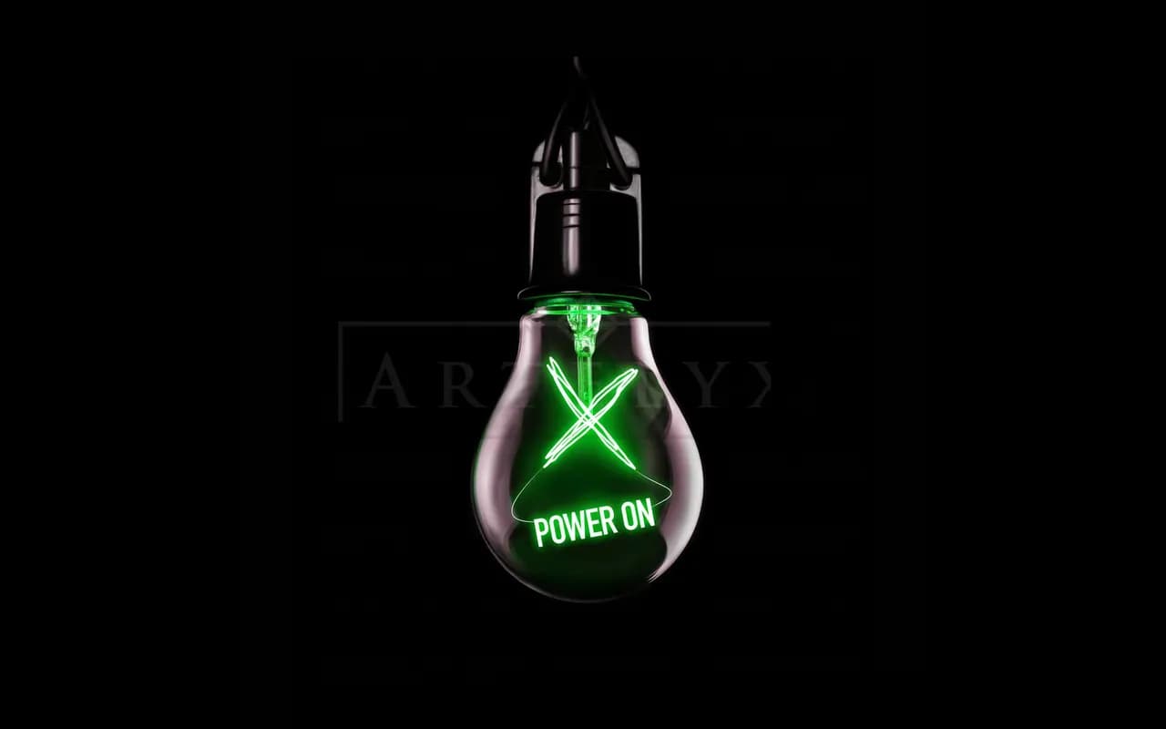Neon Power On Bulb metal wall art by Artelyx Studios
