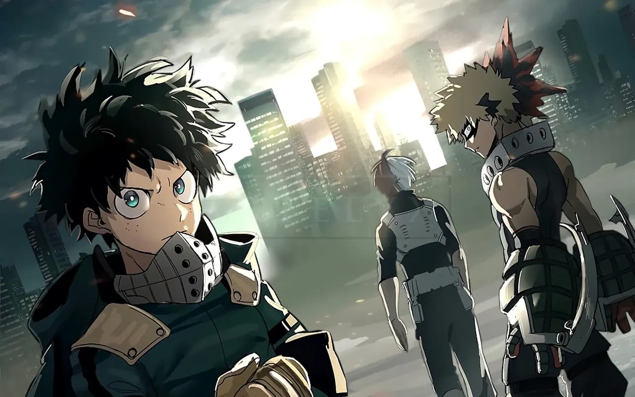 Anime Hero Trio in City Skyline metal wall art by Artelyx Studios