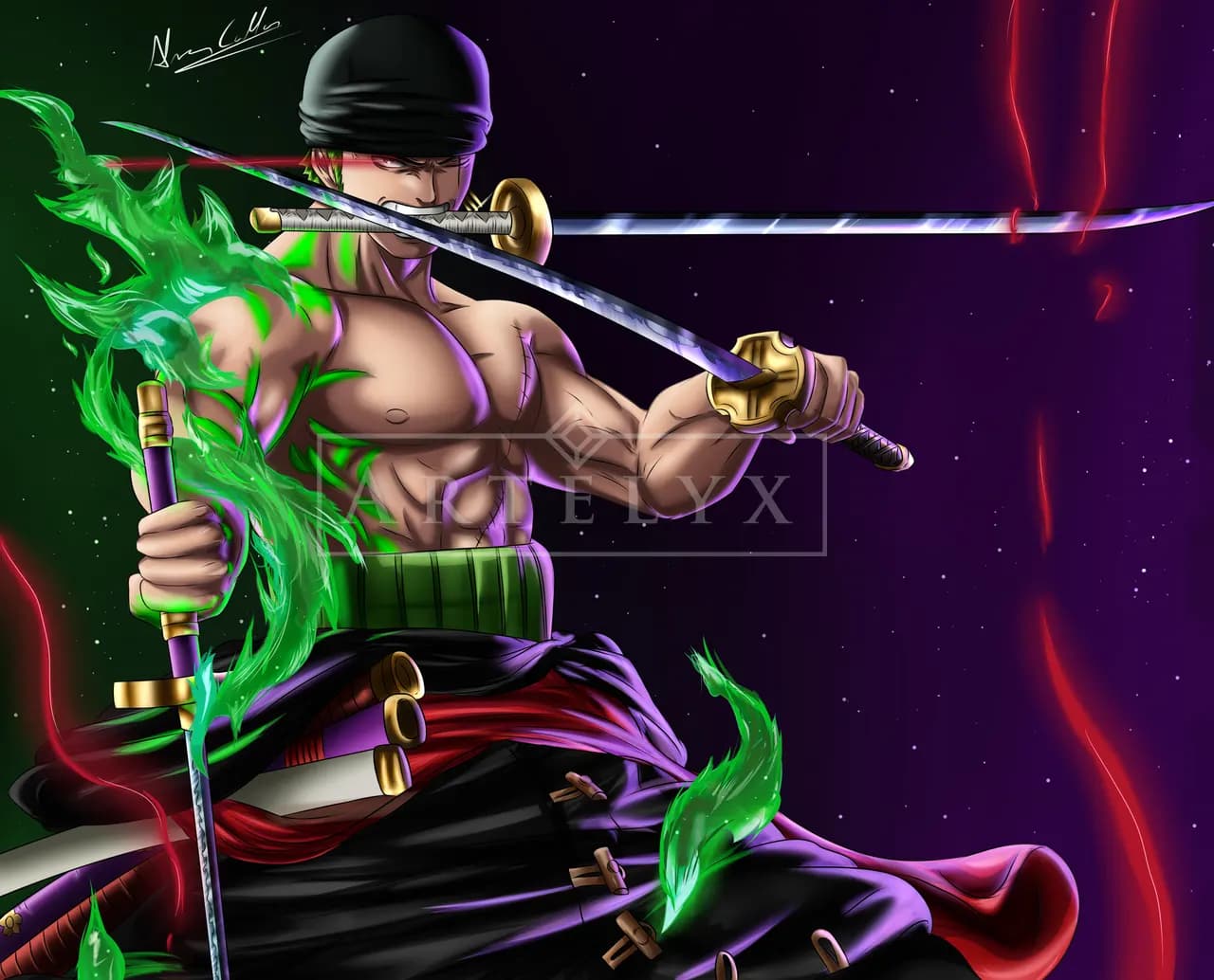 Three Sword Resolve in Neon Shadow metal wall art by Artelyx Studios