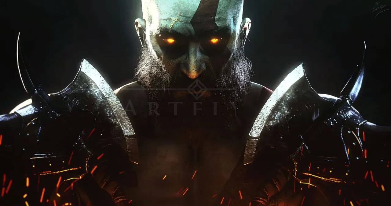 Kratos with Burning Eyes metal wall art by Artelyx Studios