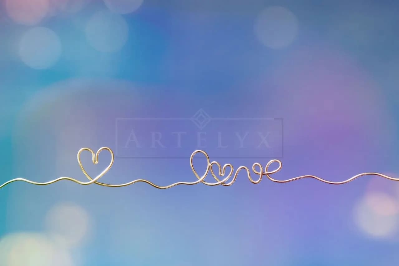 Golden Wire Love Minimalism metal wall art by Artelyx Studios