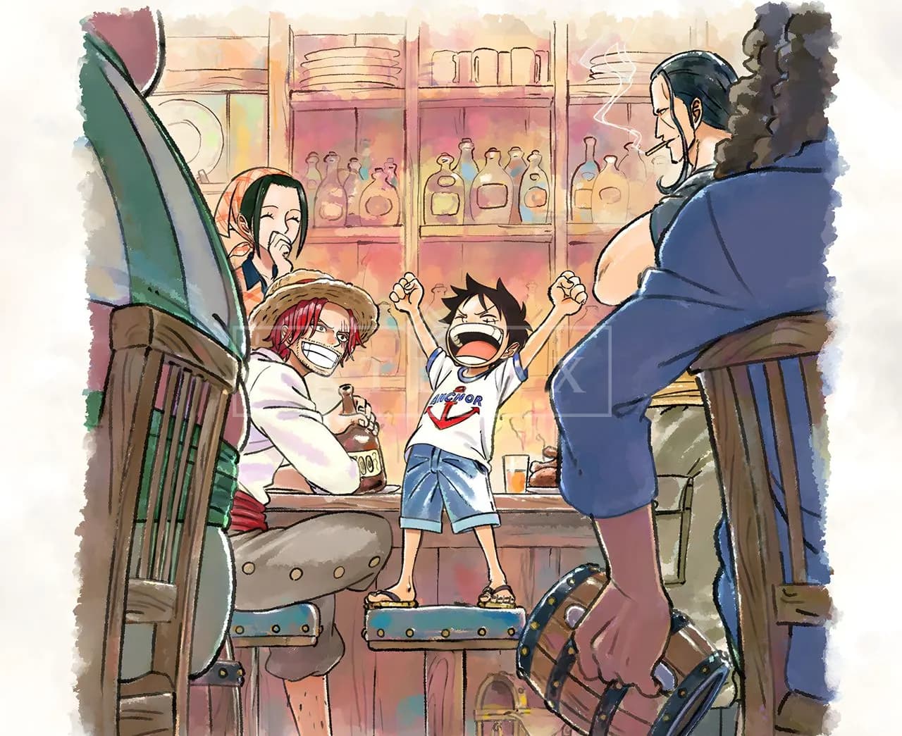 Young Luffy Celebration with Red-Haired Pirates metal wall art by Artelyx Studios