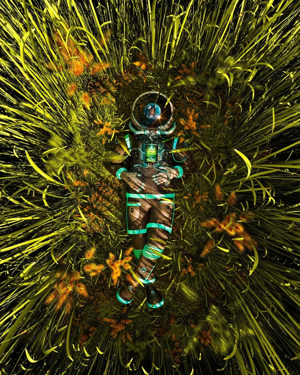 Cyborg in the Grass metal wall art by Artelyx Studios