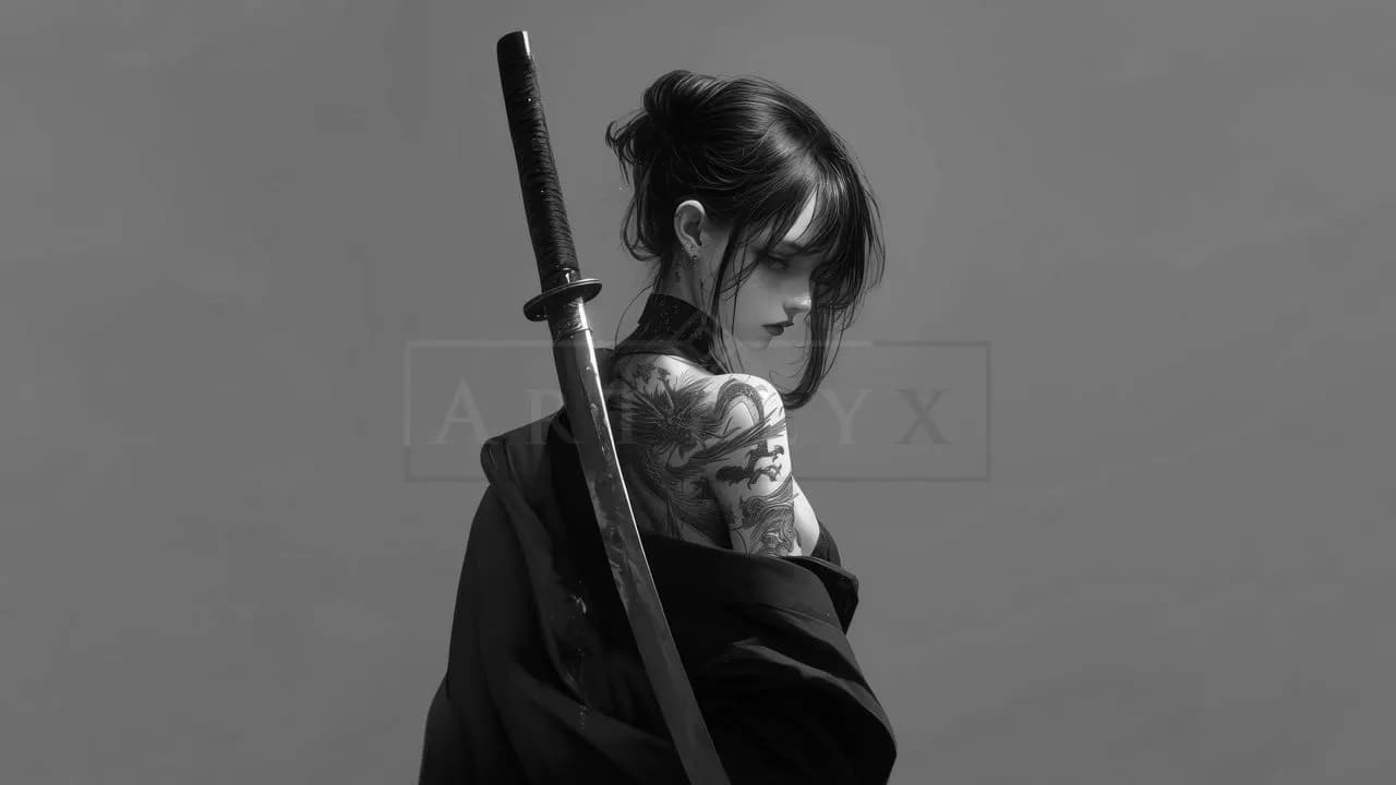 Monochrome Katana Portrait metal wall art by Artelyx Studios