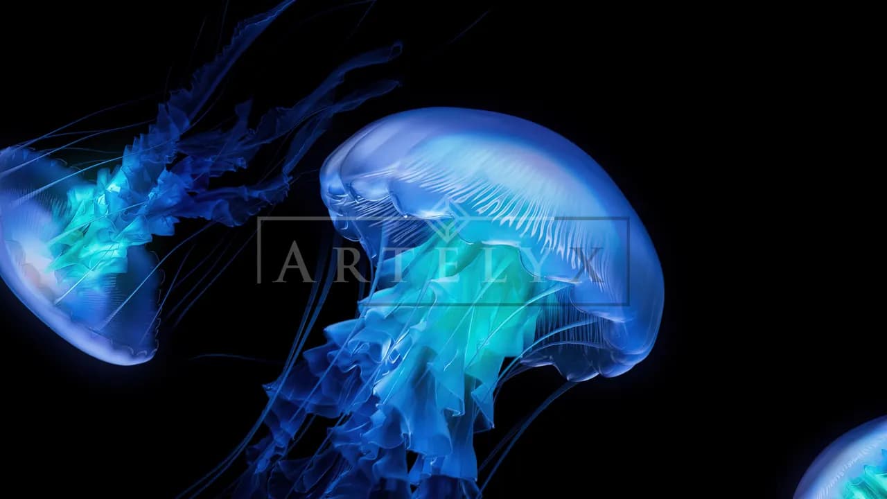 Glowing Blue Jellyfish on Black metal wall art by Artelyx Studios