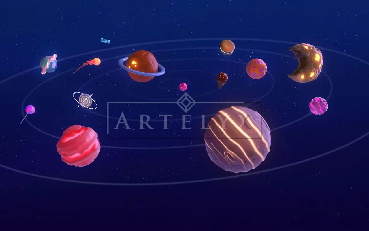 Candy Solar System Illustration metal wall art by Artelyx Studios