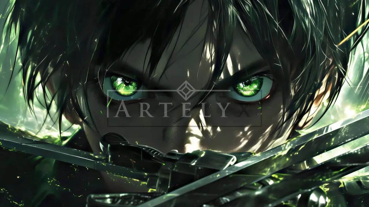 Eren’s Emerald Gaze Behind Blades metal wall art by Artelyx Studios