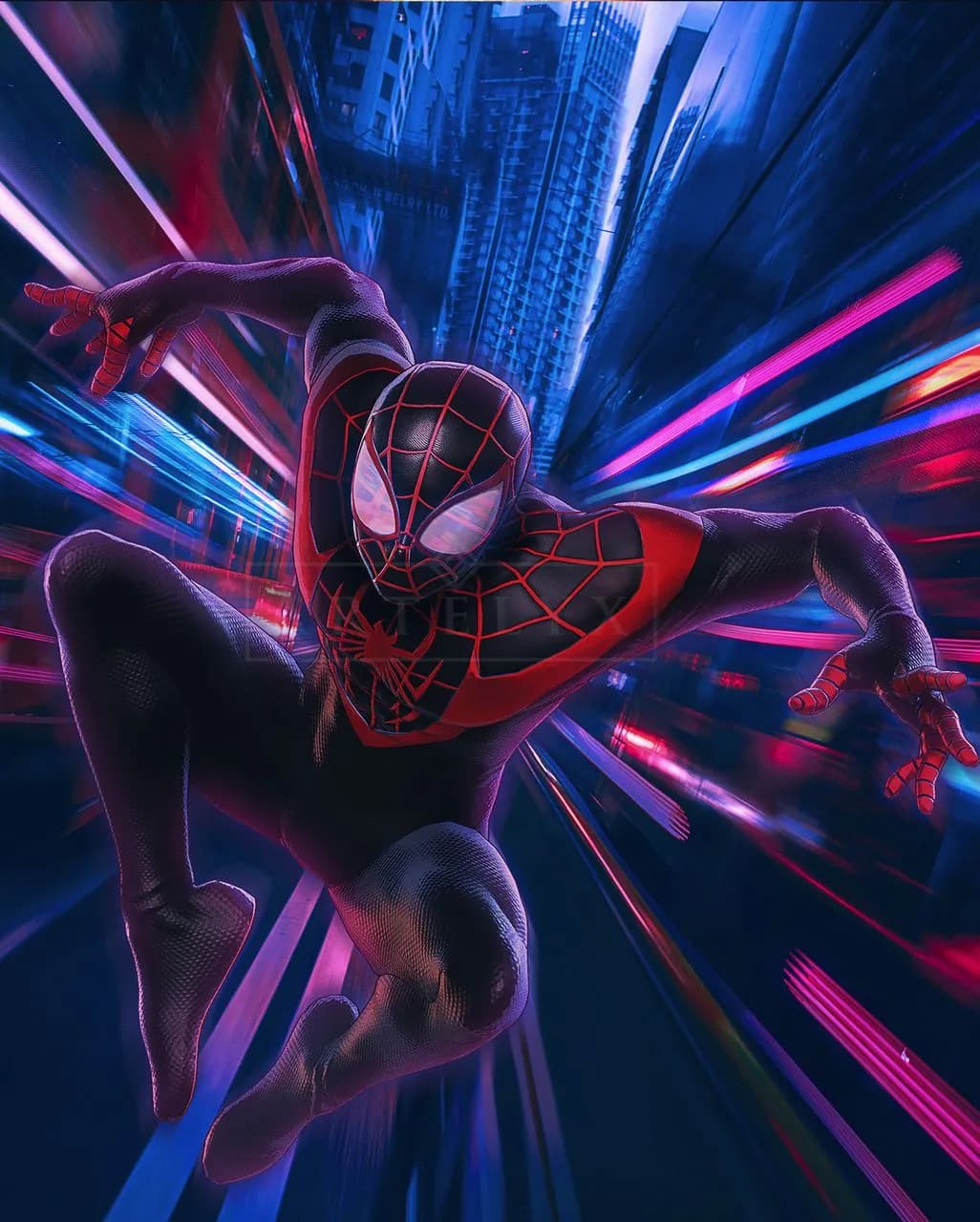 Miles Morales Neon Rush metal wall art by Artelyx Studios