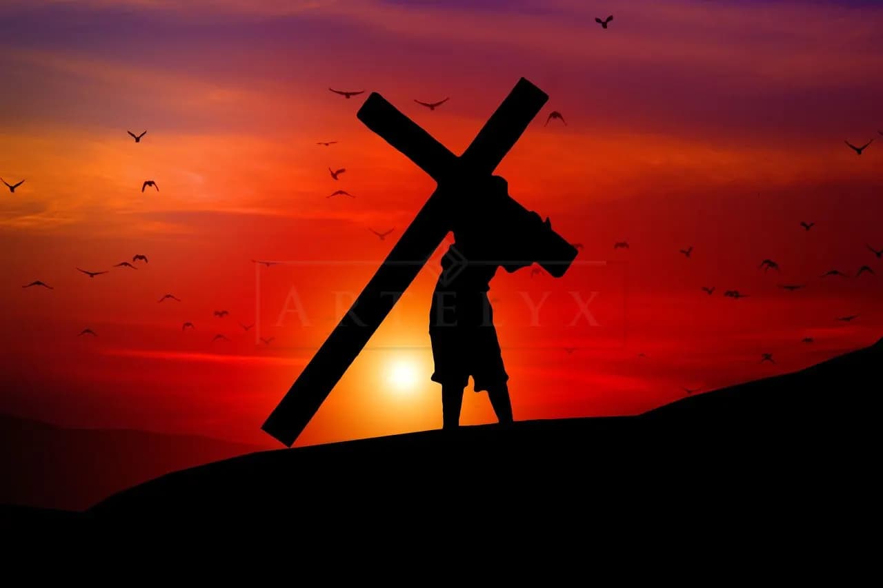 Jesus Carrying the Cross at Sunset Silhouette metal wall art by Artelyx Studios