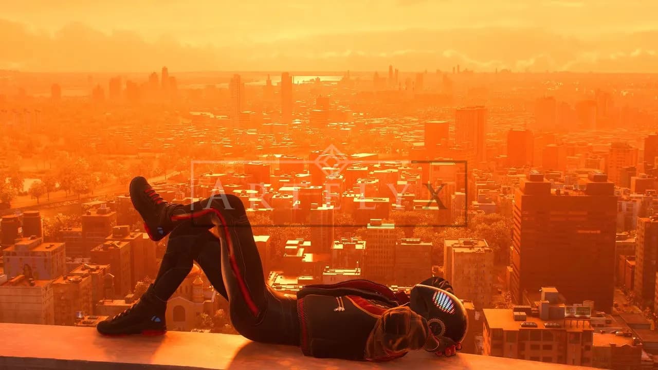 Miles Morales Sunset City Rooftop Wallpape metal wall art by Artelyx Studios