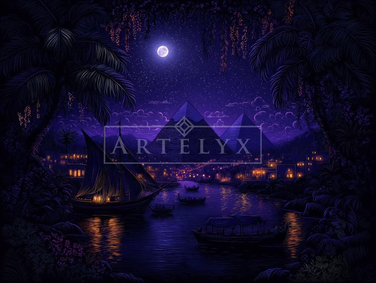 Moonlit Egyptian Pyramids metal wall art by Artelyx Studios