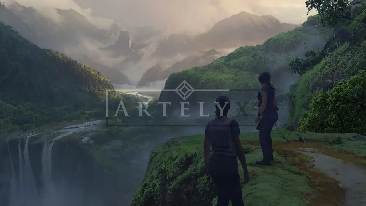 Explorers Overlooking the Lost Valley metal wall art by Artelyx Studios