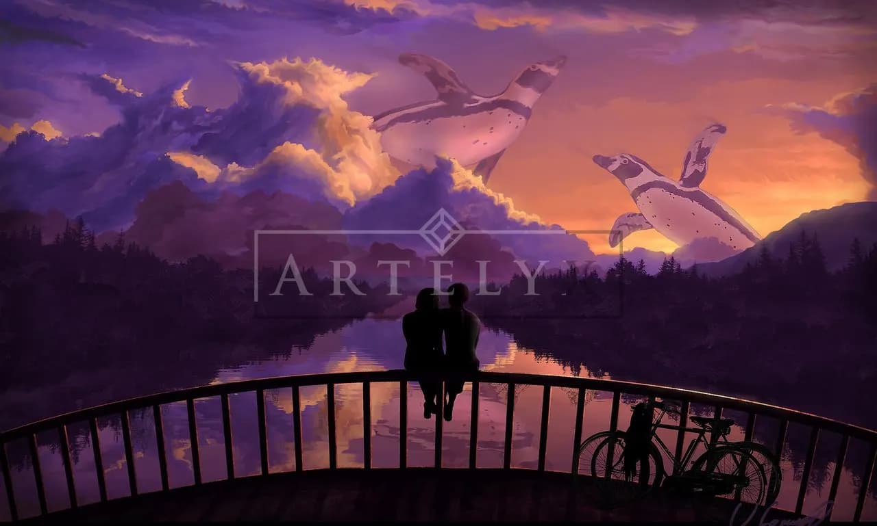 Whales in the Sunset Dream metal wall art by Artelyx Studios