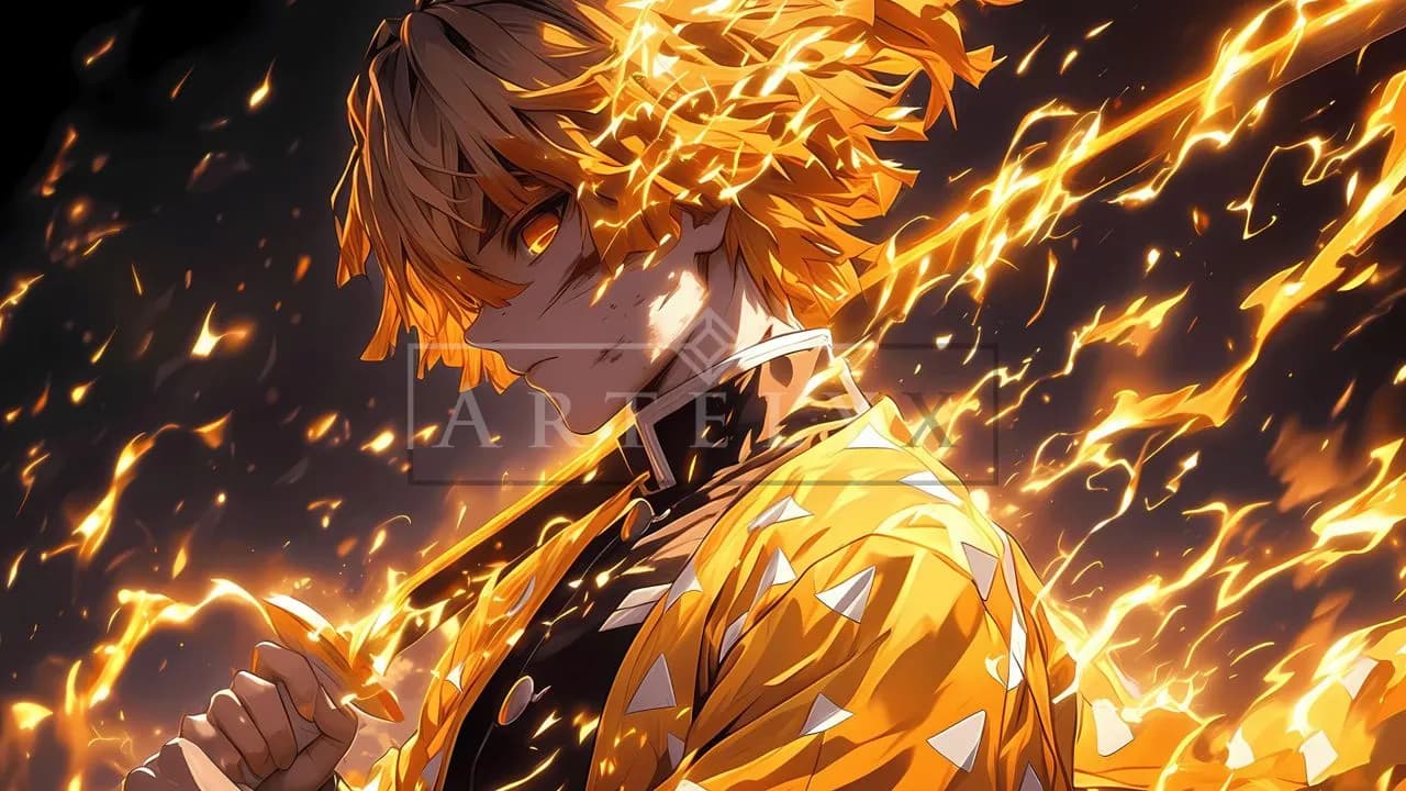 Zenitsu Surrounded by Blazing Lightning metal wall art by Artelyx Studios