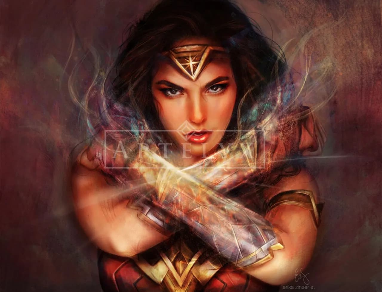 Wonder Woman with Luminous Bracelets metal wall art by Artelyx Studios