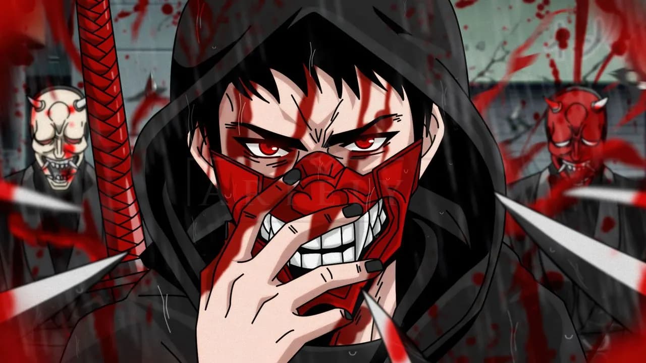 Red Oni Ninja Mask metal wall art by Artelyx Studios