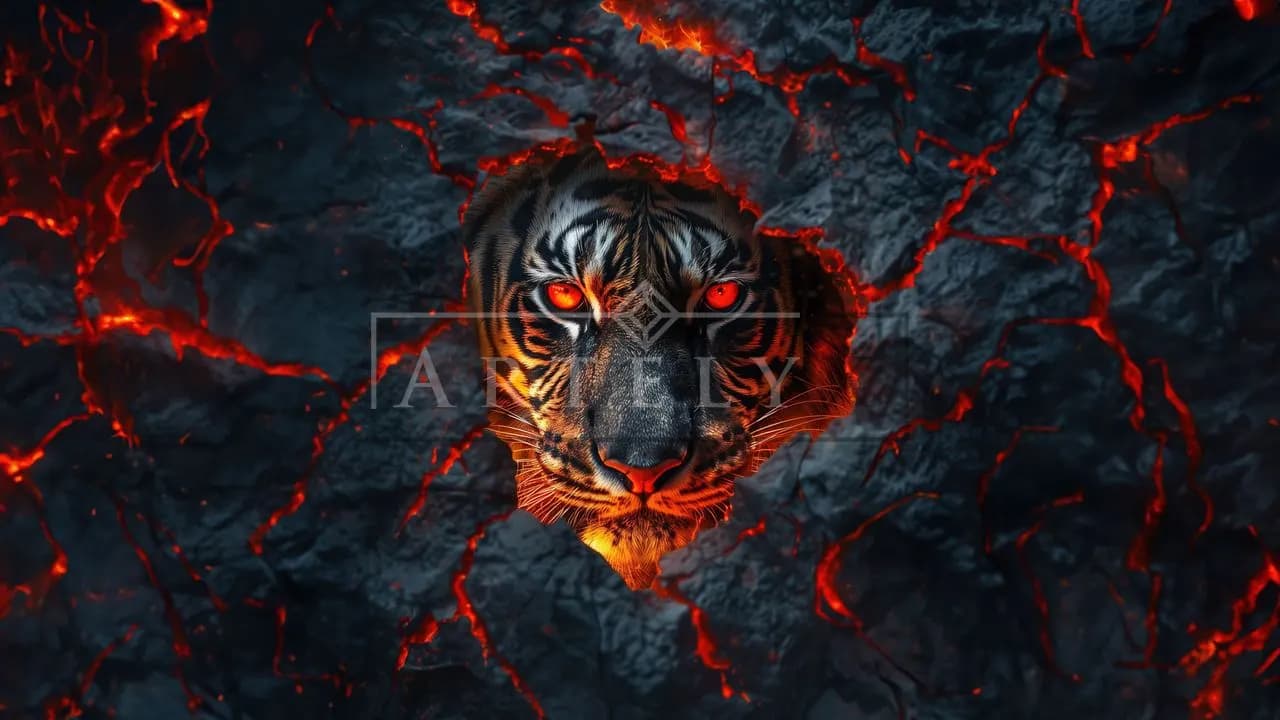 Lava Tiger Emerging from the Cracked Stone metal wall art by Artelyx Studios