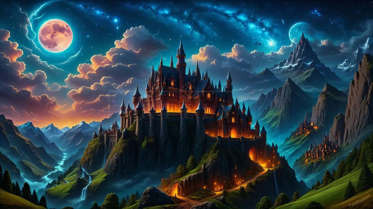 Moonlit Fantasy Citadel metal wall art by Artelyx Studios