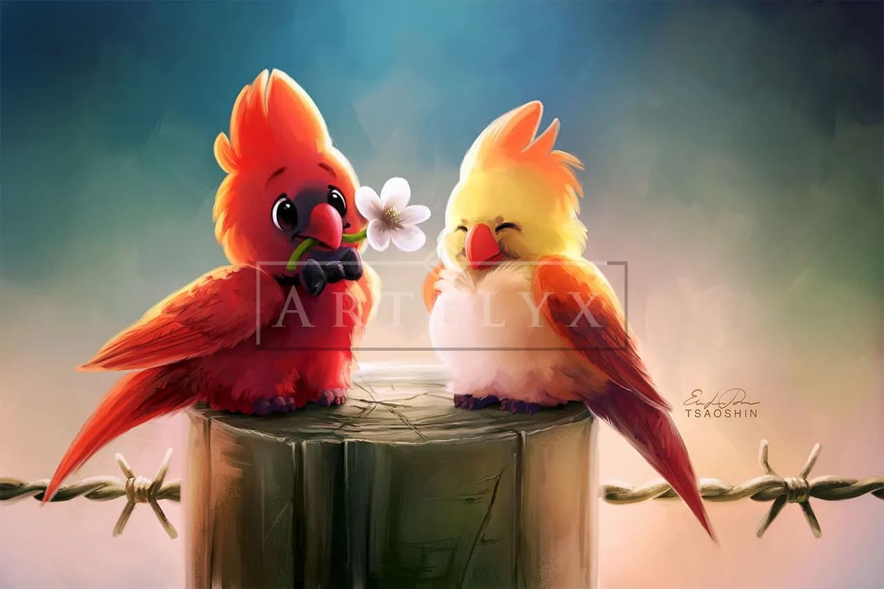 Little Lovebirds on the Post metal wall art by Artelyx Studios