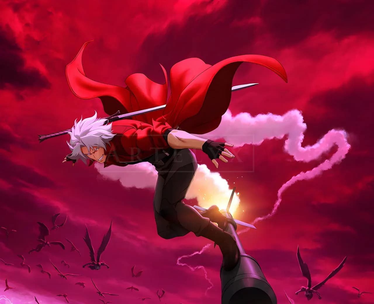 Dante Crimson Sky Descent metal wall art by Artelyx Studios