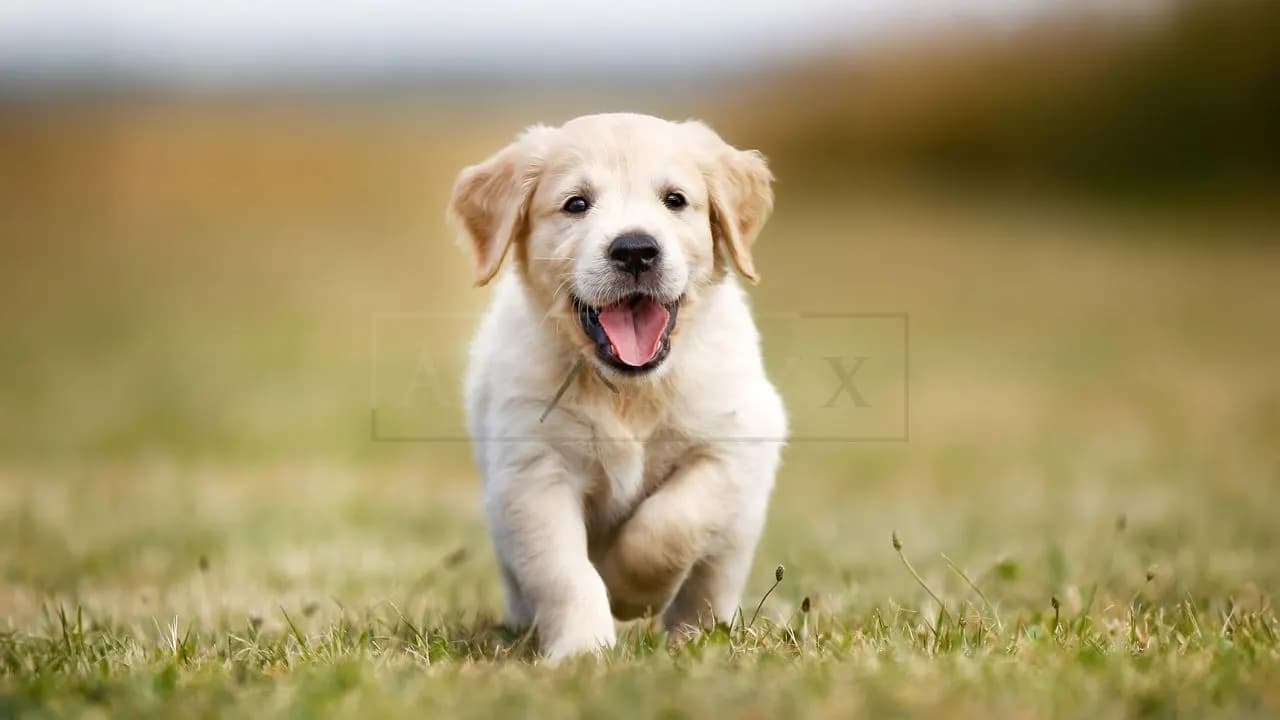 Happy Golden Retriever Puppy Running metal wall art by Artelyx Studios