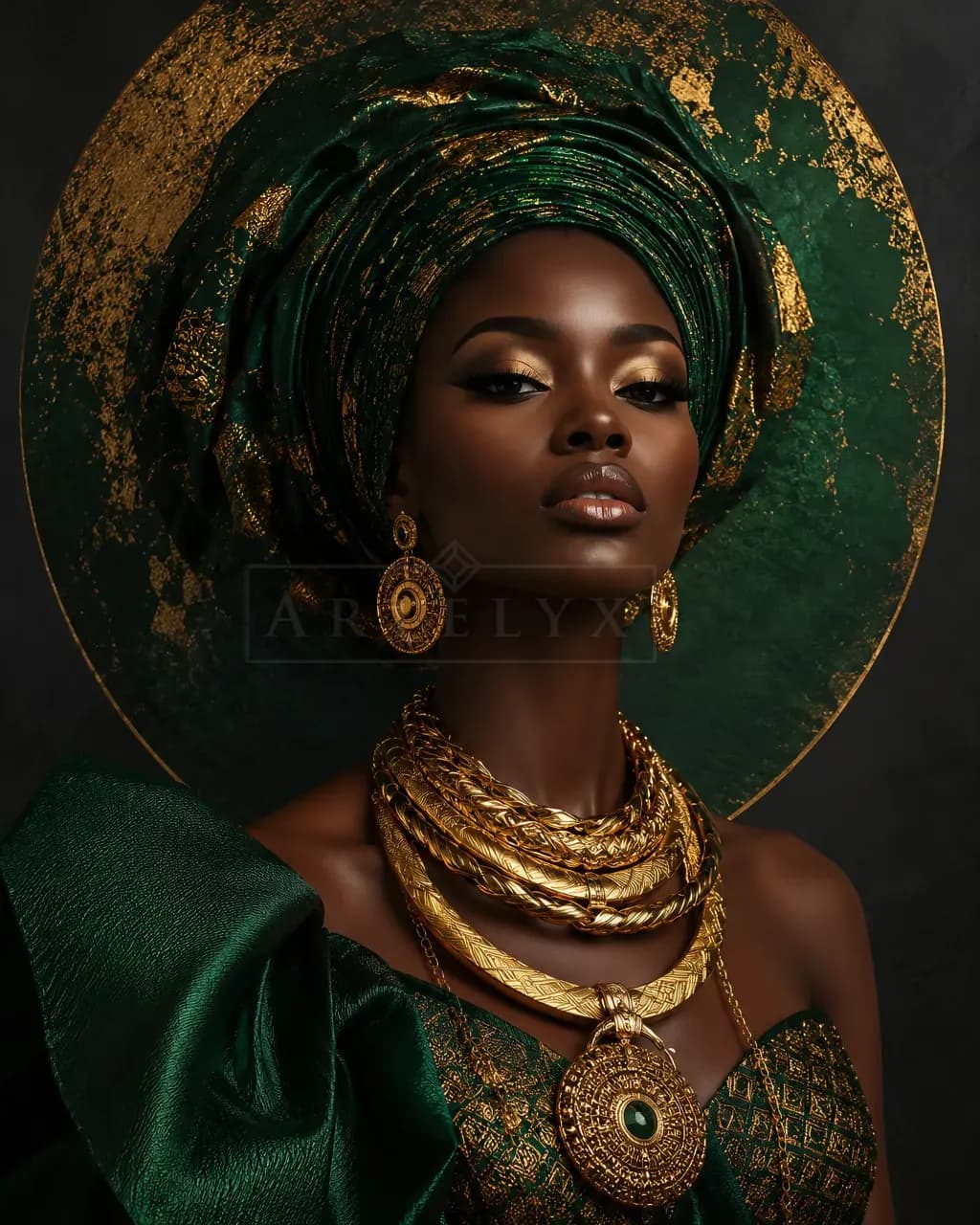 Regal African Woman in Emerald Gold metal wall art by Artelyx Studios
