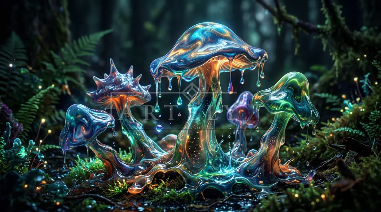 Prismatic Forest Mushrooms metal wall art by Artelyx Studios