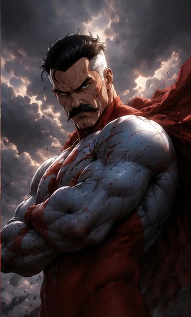 Omni-Man with Cape Under Storm Clouds metal wall art by Artelyx Studios