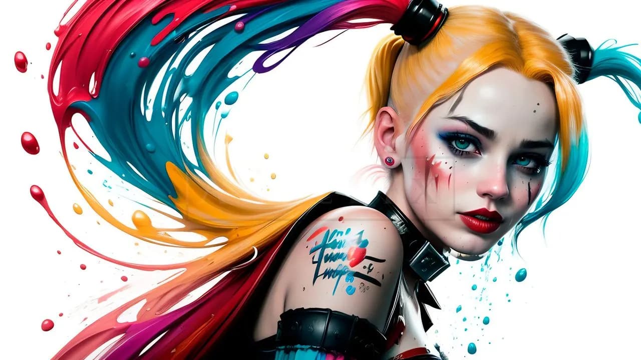 Harley Quinn Paint Splash Portrait metal wall art by Artelyx Studios