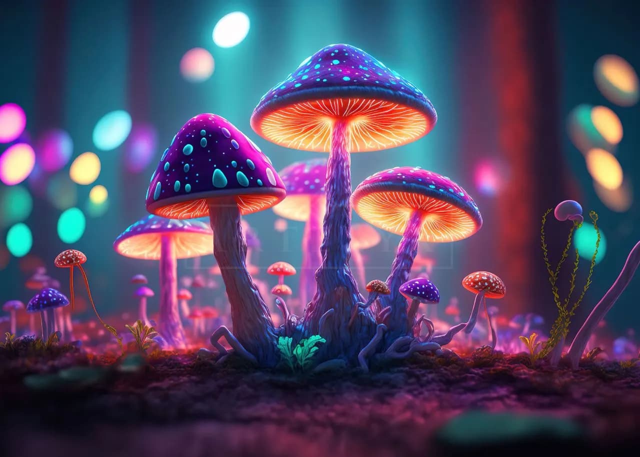 Glowing Fantasy Mushrooms metal wall art by Artelyx Studios