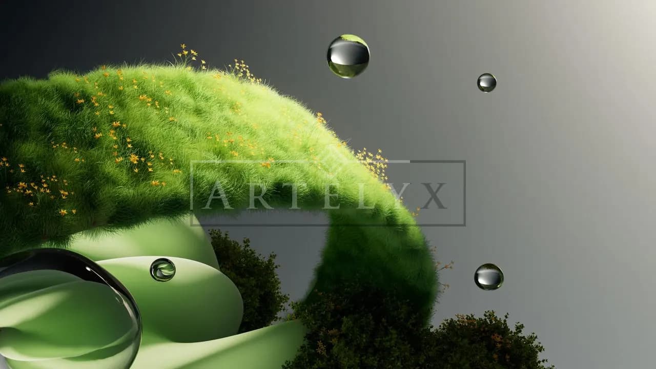 Organic Green Arch with Floating Chrome Spheres metal wall art by Artelyx Studios