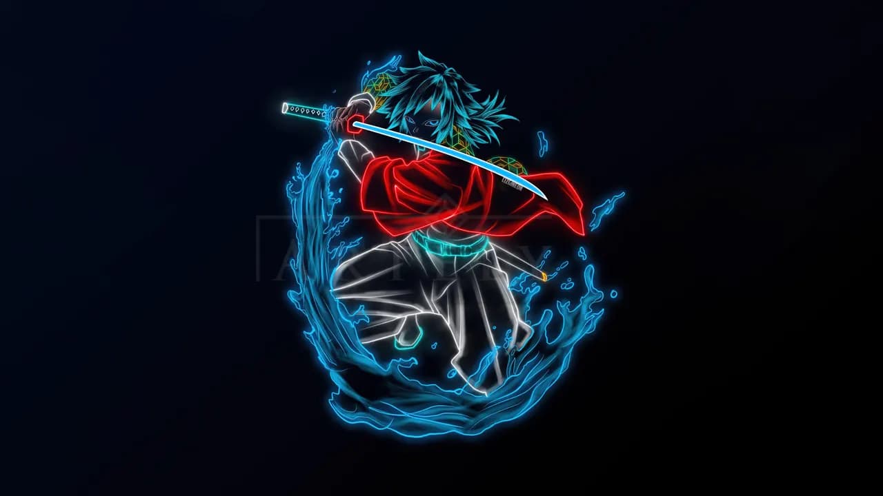 Neon Water Swordsman Anime Art metal wall art by Artelyx Studios