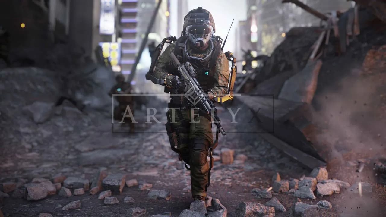 Exo Soldier Advancing Through Urban Ruins metal wall art by Artelyx Studios