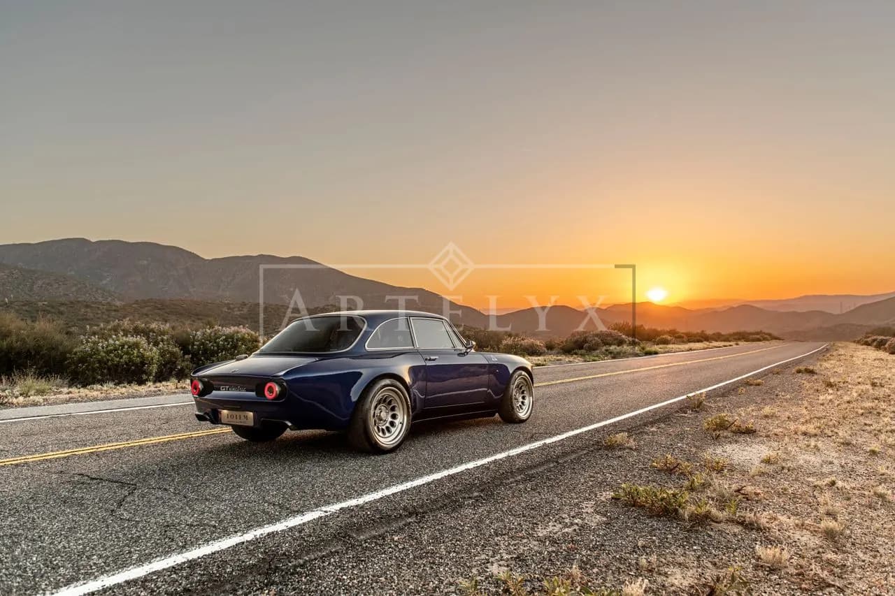 Classic Coupe on an Open Desert Road at Sunset metal wall art by Artelyx Studios