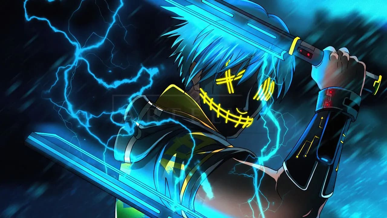 Cyberpunk Ninja Lightning Mask metal wall art by Artelyx Studios